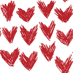 Hearts scratches polka dot seamless pattern hand drawn. Red pencil doodle symbols on white.