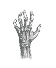 A halftone-style illustration of Creepy Halloween zombie hand, vintage stipple photocopy effect, tattoo Creepy, Halloween, zombie, hand.