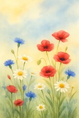 Fototapeta premium Vibrant watercolor composition with red poppies, white daisies, and blue cornflowers in a radiant summer field.
