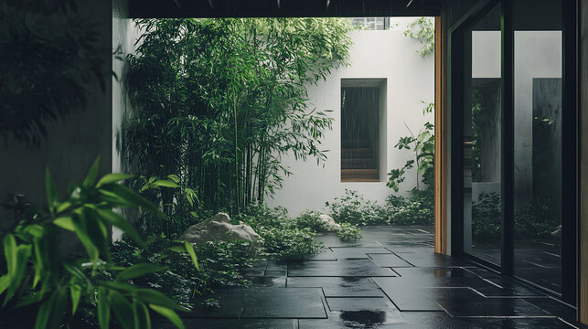Modern Courtyard with Bamboo and Stone Pathway