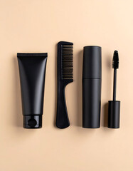 Obraz premium Black Makeup Tools on Tan Background