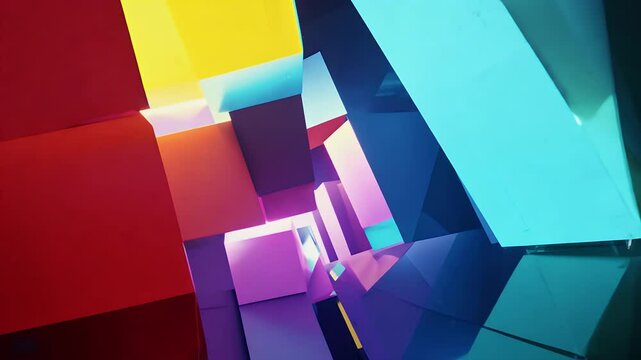 Stacks luminous cubes rise descend like elevator columns coloured edges glowing while shadows ripple giving motion graphic design video ers high definition k abstract scene embodying data blocks