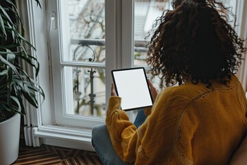 Ultra Quality Picture of a Woman Holding and Looking at Black Tablet Pc with Blank White Screen
