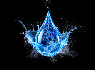Electric blue gel drop frozen mid‑splash, isolated, pitch‑black background

