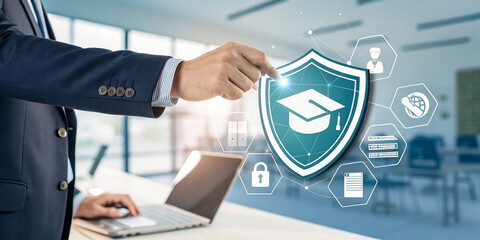 Businessman Hand Touches a Shield for E-Learning Safety and Security