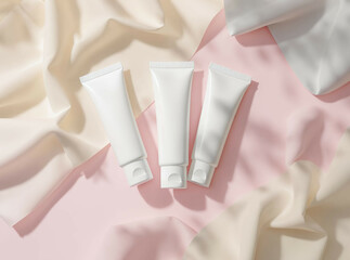 Flat lay of blank cosmetic tubes on layered pastel paper shapes, gentle shadows

