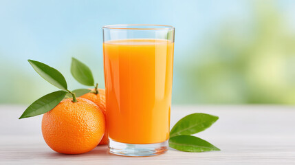 Fototapeta premium Glass of freshly squeezed orange juice with whole orange fruit and green leaves on wooden table, refreshing and healthy beverage in natural light