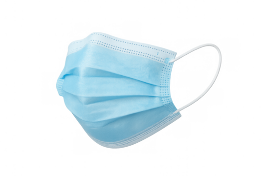 Disposable medical face mask protecting against germs, resting on transparent backdrop for seamless graphic design integration