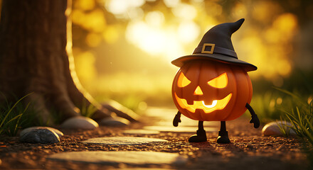 Adorable animated halloween pumpkin character wearing witch hat outdoors during golden hour, halloween, pumpkin, jack o lantern, witch hat, character, cartoon, animation, cute, spooky, fall, autumn, s