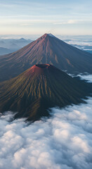 Fototapeta premium Aerial view of majestic volcanic mountains rising above a sea of fluffy clouds, volcano, mountains, aerial, landscape, cloudscape, nature, scenery, travel, tourism, adventure, exploration, elevation, 
