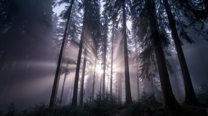 Fototapeta premium Beautiful forest background for screensaver. with sunbeams. Calm close-up of fairytale forest and nature landscape, panorama. Summer vacation, holiday, amazing nature.