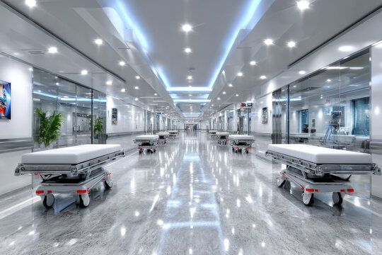 Empty hospital corridor with stretchers during early morning hours