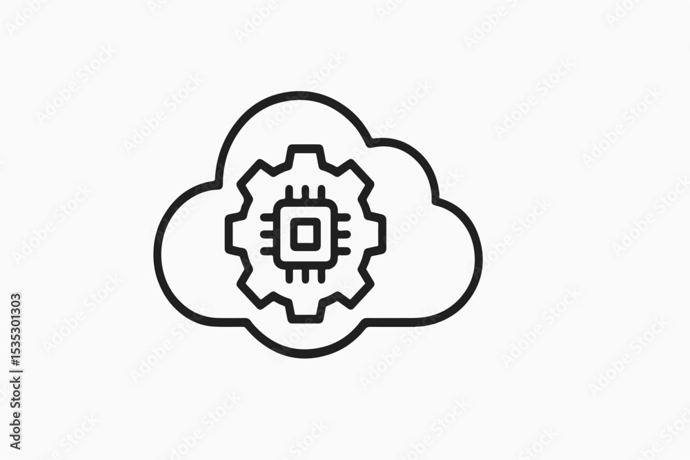 Poster cloud computing and processing concept a simple line drawing of a cloud shape with a gear containing