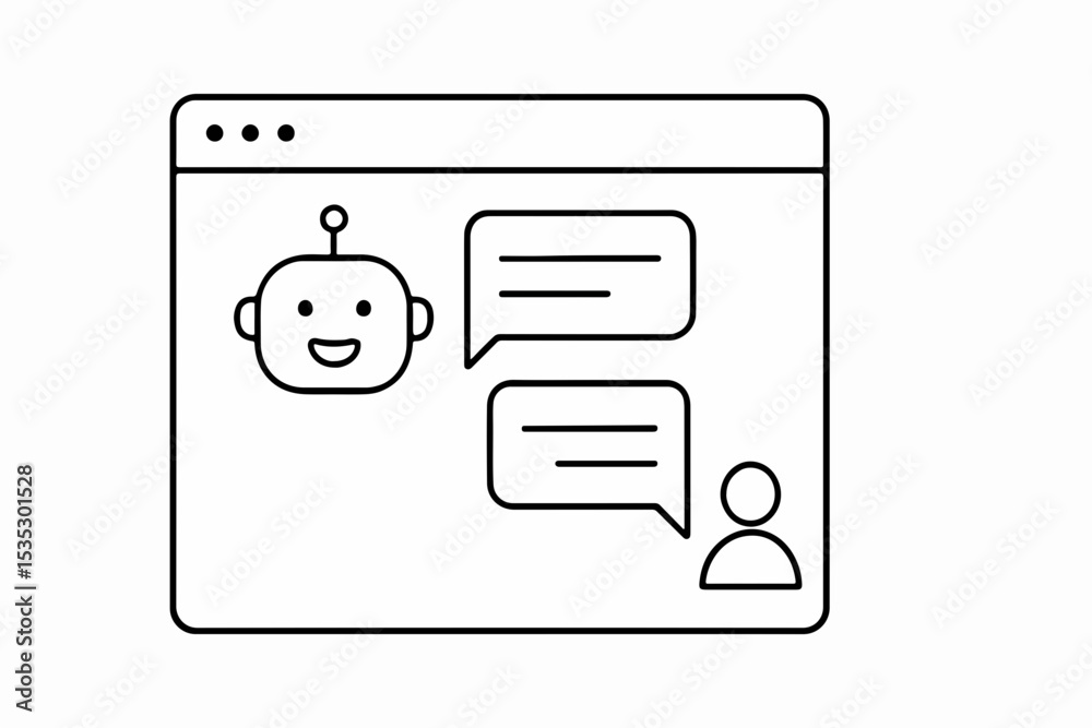Poster line art illustration of a chatbot interface with a smiling robot and a human figure exchanging mess