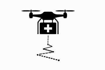 Black and White Icon of a Drone Delivering Medical Supplies Represented by a First Aid Kit with a Dotted Line Indicating the Delivery Path on