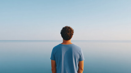 Fototapeta premium Person gazing at calm lake under clear blue sky, peaceful and reflective mood, tranquil water, solitude, nature, outdoor scene