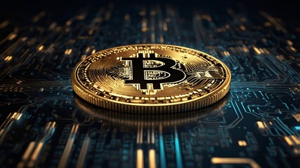 Futuristic 3D render of a luminous Bitcoin coin surrounded by binary code and digital circuits on a dark background, symbolizing advanced blockchain technology.