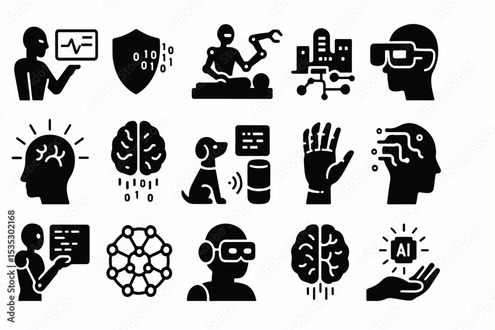 Poster a collection of artificial intelligence icons representing concepts like robotics virtual reality br