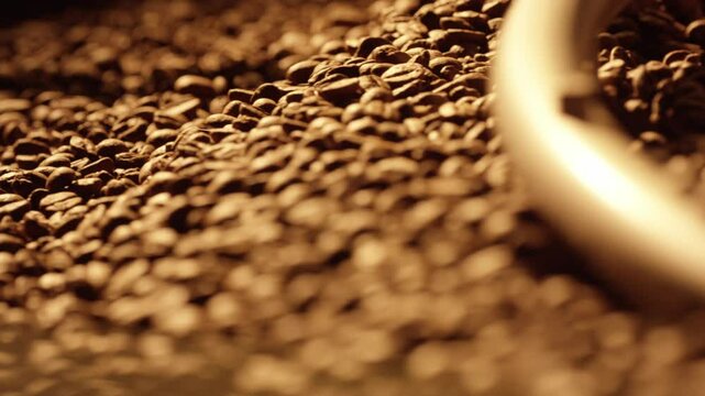 Warm golden illumination enveloping roasted coffee beans gently mixing within industrial roaster, highlighting rich textures and intricate roasting process in specialized coffee production facility