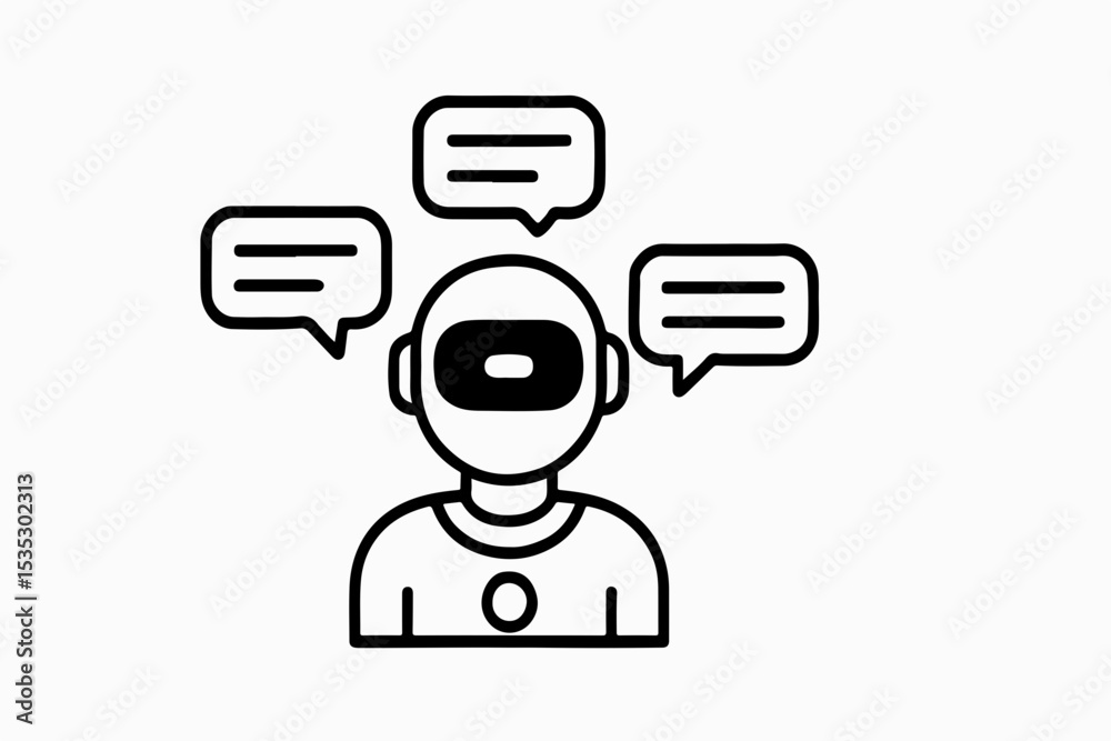 Poster line art illustration of a robot communicating with speech bubbles representing artificial intellige