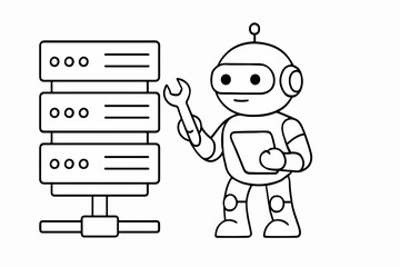 Cartoon Robot Repairing a Server Stack A Simple Line Art Illustration Depicting Technology Maintenance and Automation in a Clean Minimalist Style on a White Background