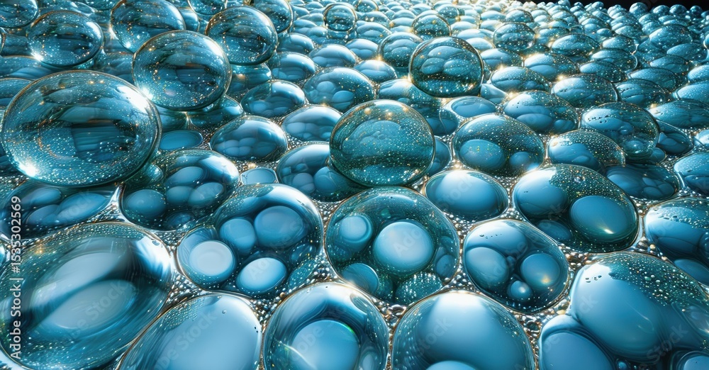 Poster numerous blue spheres create textured surface. light reflects, sparkles across rounded forms. depth,