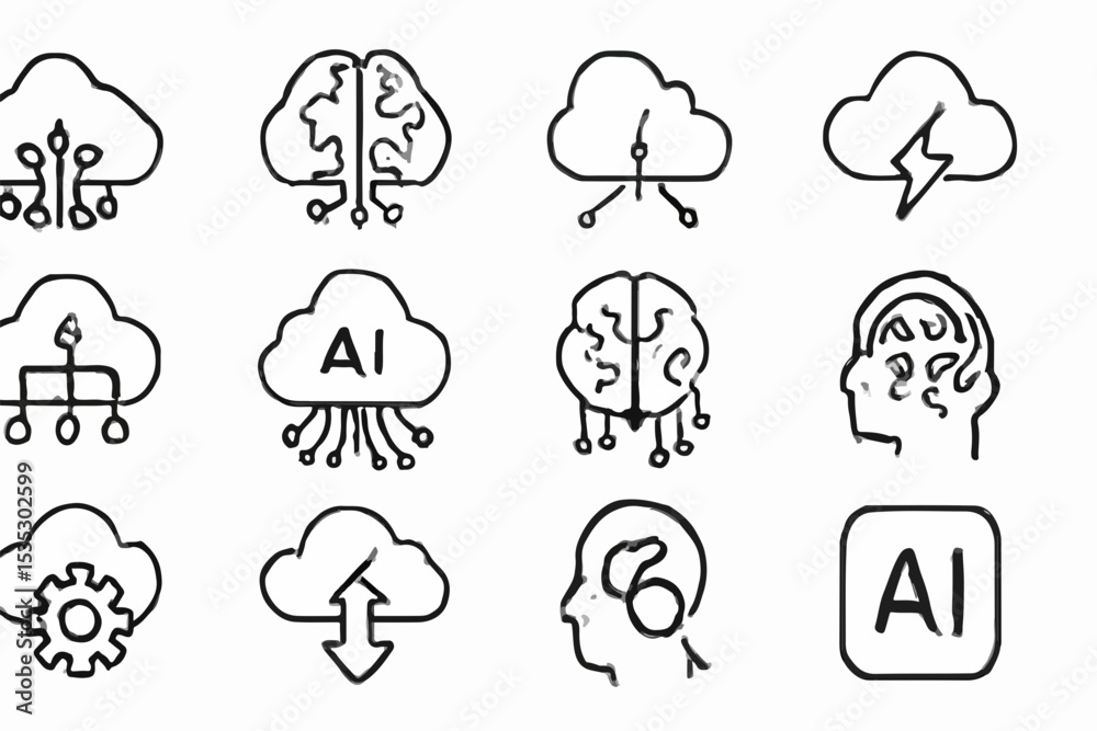 Poster doodle style artificial intelligence and cloud computing icons a collection of hand drawn black and 