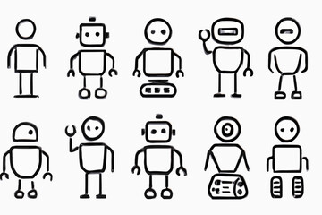 Ten Simple Black and White Robot Doodles on a White Background Featuring Various Head Shapes and Body Styles Presented in Two Rows of Five with