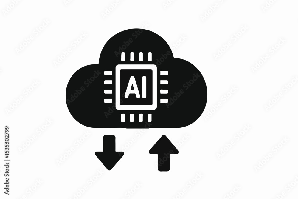 Poster cloud based artificial intelligence data transfer illustration a black cloud with a chip inside labe