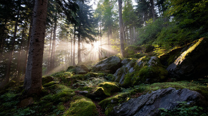 Obraz premium Beautiful forest background for screensaver. with sunbeams. Calm close-up of fairytale forest and nature landscape, panorama. Summer vacation, holiday, amazing nature.