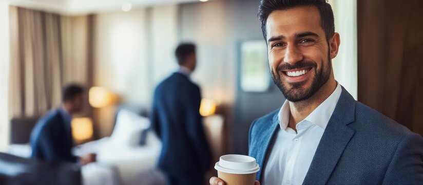 Businessman in hotel room with coffee