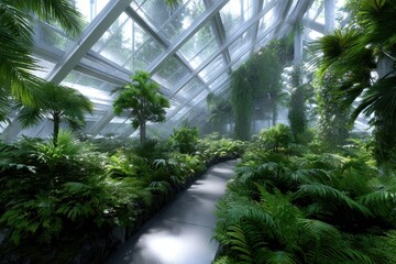 Serene pathway through a lush indoor garden surrounded by vibrant greenery