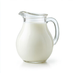 A glass milk jug filled with white, smooth milk on an isolated background