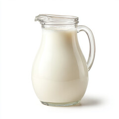 A glass milk jug filled with white, smooth milk on an isolated background