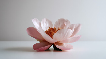 Obraz premium A soft pink peony petal placed gently in the center of a clean white background, with subtle soft lighting for a minimalist effect