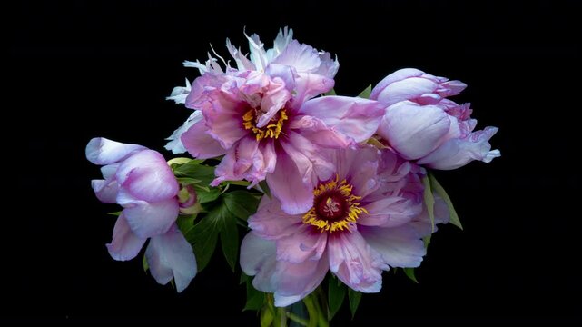 Time lapse of beautiful blue peony flowers bouquet blooming on black background Wedding backdrop, Valentine's Day concept.