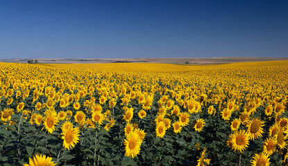 Fototapeta premium A large field of sunflowers under the clear blue sky