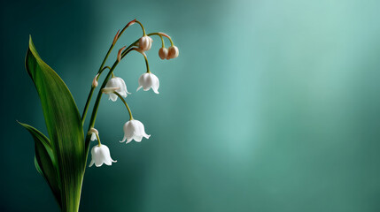 A small, delicate white lily of the valley on a soft green background, with a serene, minimalist look