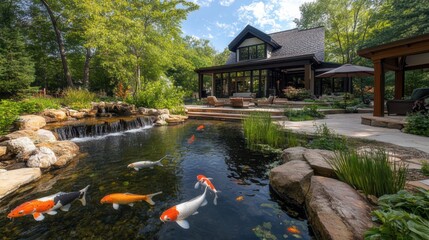 A school of freshwater fish swimming gracefully in a crystal-clear river, surrounded by rocks and aquatic plants