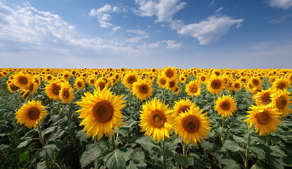 Fototapeta premium A large field of sunflowers under the clear blue sky