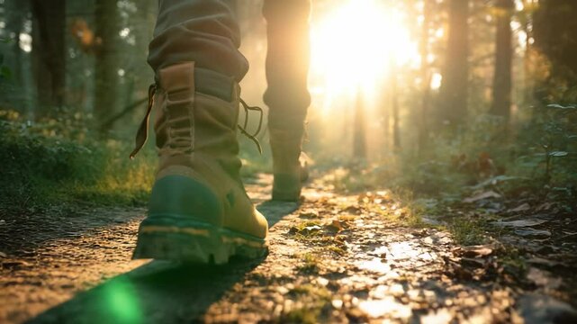 Man walking on forest path in hiking boots. Sunlight falls across trail. Outdoor adventure in nature. Forest surrounds man. Walking through sunlight. Hiking, boots, forest, outdoors, path, nature, man
