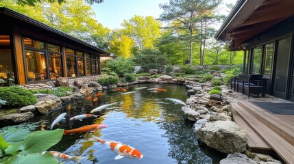 Fototapeta premium A school of freshwater fish swimming gracefully in a crystal-clear river, surrounded by rocks and aquatic plants