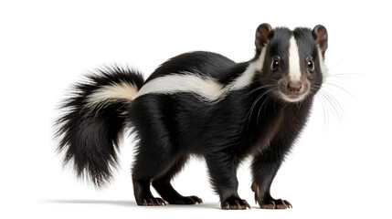 Obraz premium Cute classic black with white stripe young skunk aka Mephitis mephitis, standing facing front. Looking straight at lense with tail high up. Isolated cutout on transparent background.