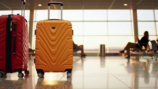 Red and Orange Suitcases Await Travellers in a Sunlit Airport Terminal with Passengers Blurred in the Background