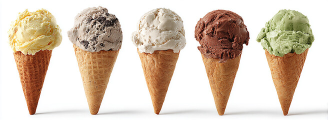 A set of ice cream cones with different flavors and decorations, isolated on a white background