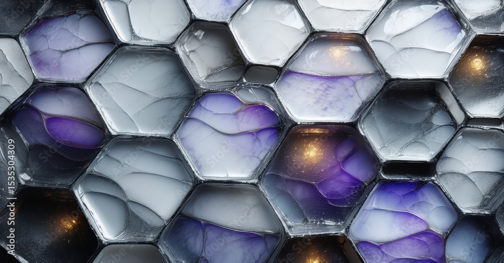 Aufkleber hexagonal pattern, iridescent cells, purple hues, silver tones. light reflects, creating abstract mo
