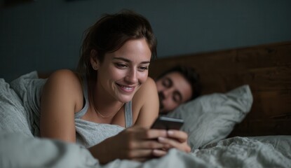 Obraz premium Woman bed smiling her phone while man sleeps behind her cozy bedroom scene relaxed and happy mood casual clothing soft lighting intimate moment modern bedroom decor couple enjoying leisure time