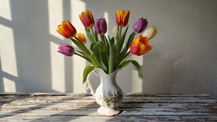 Colorful tulips in a decorative pitcher, bathed in sunlight, on a rustic wooden surface.