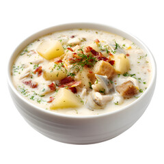 New England clam chowder with chunks of clam and potato, creamy texture, served in a deep white bowl, isolated on white background