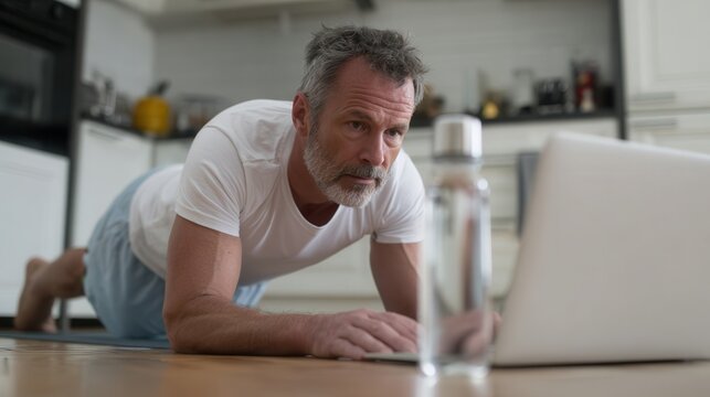 Middle aged man doing pushups in his home gym, focused and determined, in modern kitchen setting, with water bottle and laptop nearby, showing dedication to fitness and health